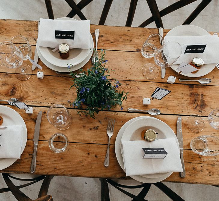 Wedding Reception Decor | Marmalade Wedding Favours | Trestle Table | Potted Plants | Place Settings | Same Sex Wedding with Industrial Styling at Wimborne House | Marmelo Photography