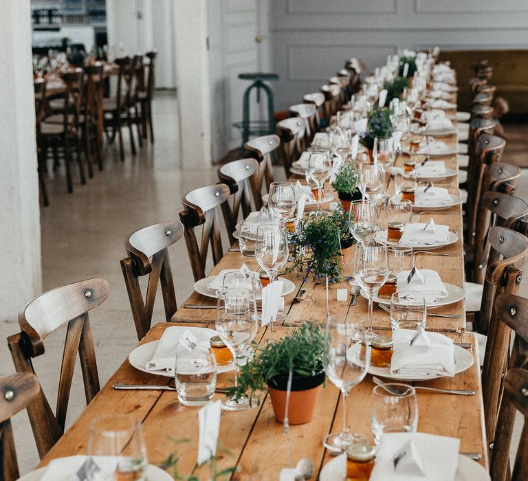 Wedding Reception Decor | Marmalade Wedding Favours | Trestle Table | Potted Plants | Place Settings | Same Sex Wedding with Industrial Styling at Wimborne House | Marmelo Photography