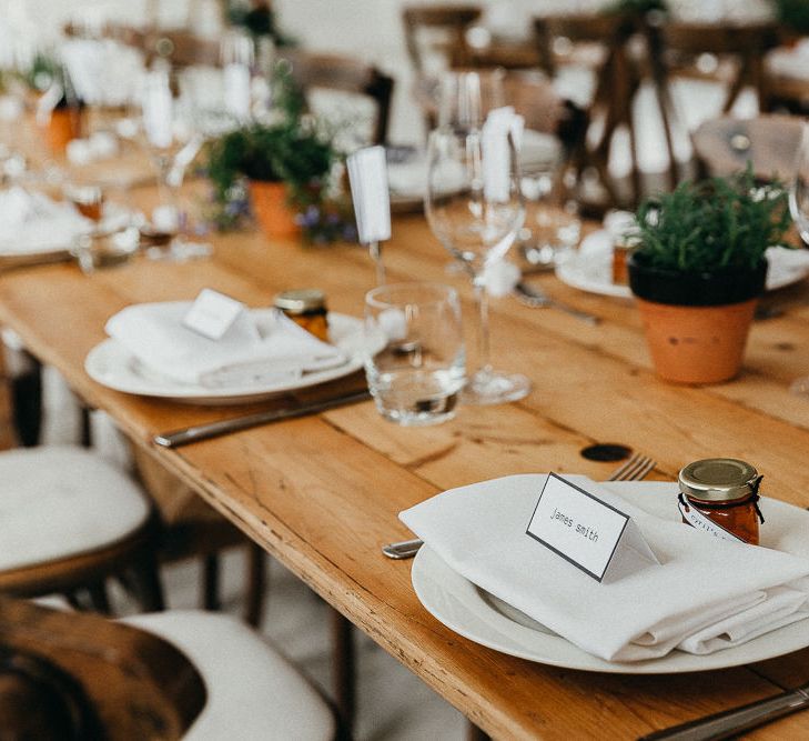 Wedding Reception Decor | Marmalade Wedding Favours | Trestle Table | Potted Plants | Place Settings | Same Sex Wedding with Industrial Styling at Wimborne House | Marmelo Photography