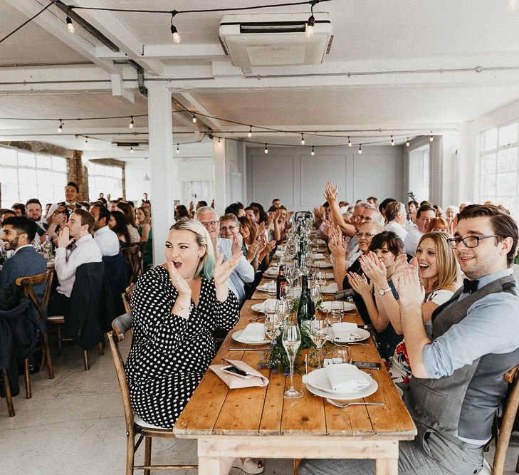 Wedding Reception at Wimborne House | Trestle Tables | Festoon Lights | Same Sex Wedding with Industrial Styling at Wimborne House | Marmelo Photography