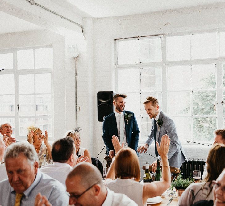 Groom in Dark Petrol Blue Suit by Paul Smith | Groom in Light Blue Made-To-Measure Suit by Beggars Run | Huge Warehouse Windows | Same Sex Wedding with Industrial Styling at Wimborne House | Marmelo Photography