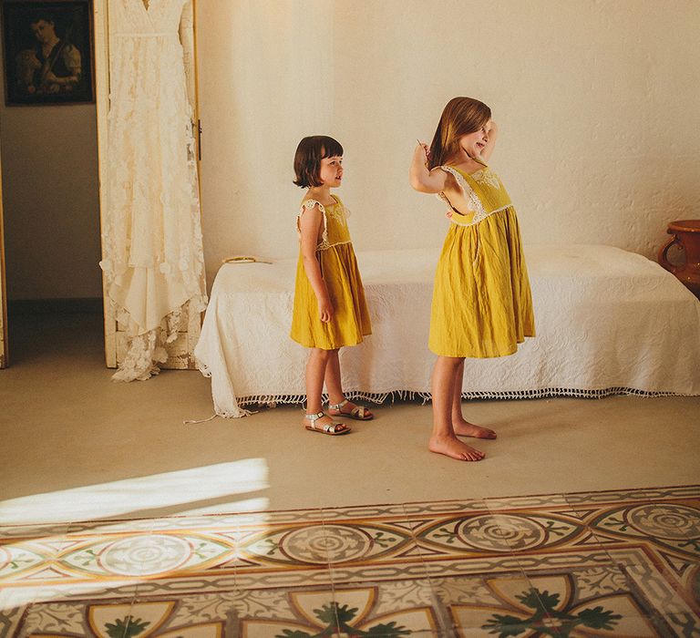 Wedding Morning Bridal Preparations | Flower Girls in Yellow Louise Misha Dresses | Brightly Coloured Destination Wedding at Masseria Potenti Wedding Venue, Puglia, South Italy | Petar Jurica Photography | Marco Odorino Film