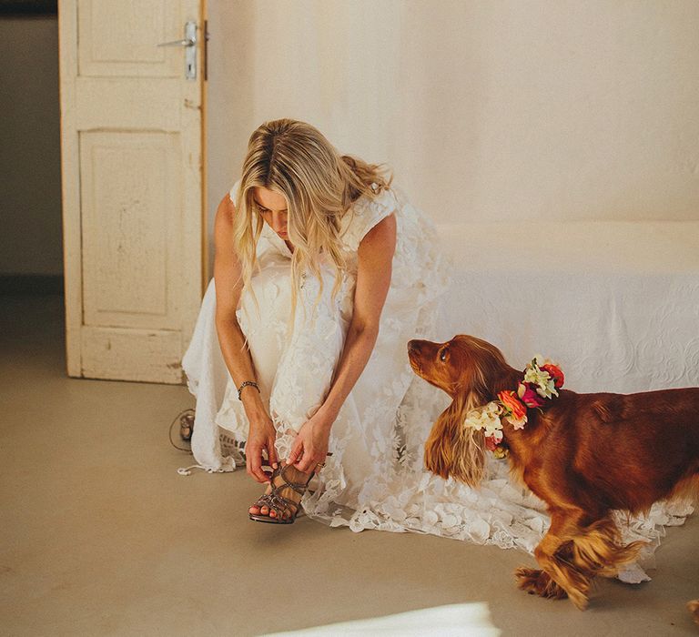 Wedding Morning Bridal Preparations | Bride in Custom Clemence Halfpenny London Bridal Gown | Brightly Coloured Destination Wedding at Masseria Potenti Wedding Venue, Puglia, South Italy | Petar Jurica Photography | Marco Odorino Film