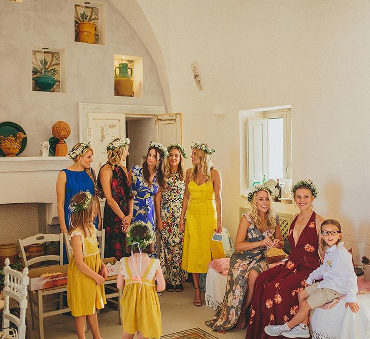 Wedding Morning Bridal Preparations | Bridesmaids in Different Brightly Coloured  Dresses | Brightly Coloured Destination Wedding at Masseria Potenti Wedding Venue, Puglia, South Italy | Petar Jurica Photography | Marco Odorino Film