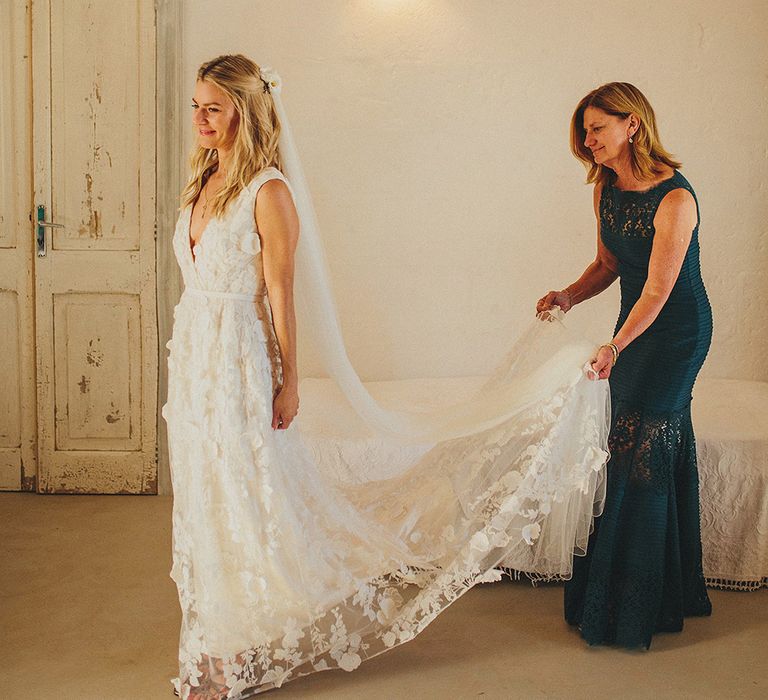 Wedding Morning Bridal Preparations | Bride in Custom Clemence Halfpenny London Bridal Gown | Brightly Coloured Destination Wedding at Masseria Potenti Wedding Venue, Puglia, South Italy | Petar Jurica Photography | Marco Odorino Film