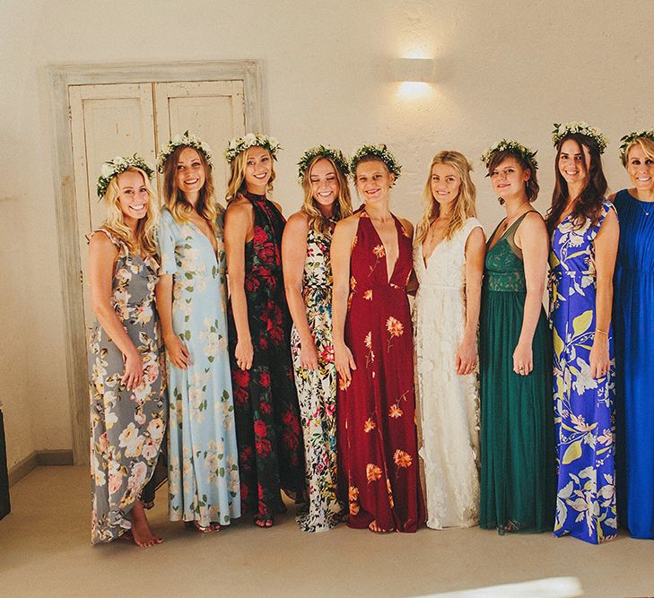 Bridal Party | Bridesmaids in Different Brightly Coloured  Dresses | Custom Clemence Halfpenny London Bridal Gown | Brightly Coloured Destination Wedding at Masseria Potenti Wedding Venue, Puglia, South Italy | Petar Jurica Photography | Marco Odorino Film