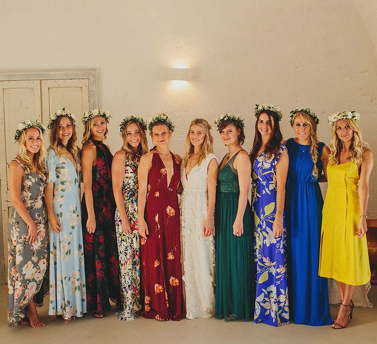 Bridal Party | Bridesmaids in Different Brightly Coloured  Dresses | Custom Clemence Halfpenny London Bridal Gown | Brightly Coloured Destination Wedding at Masseria Potenti Wedding Venue, Puglia, South Italy | Petar Jurica Photography | Marco Odorino Film