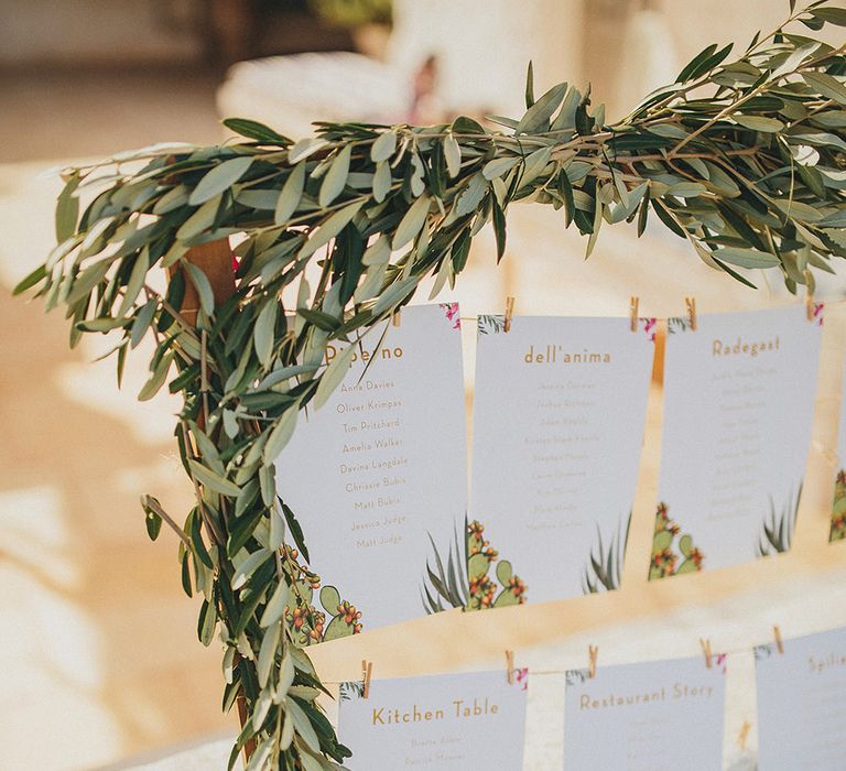 Table Plan with Greenery Frame | Brightly Coloured Destination Wedding at Masseria Potenti Wedding Venue, Puglia, South Italy | Petar Jurica Photography | Marco Odorino Film