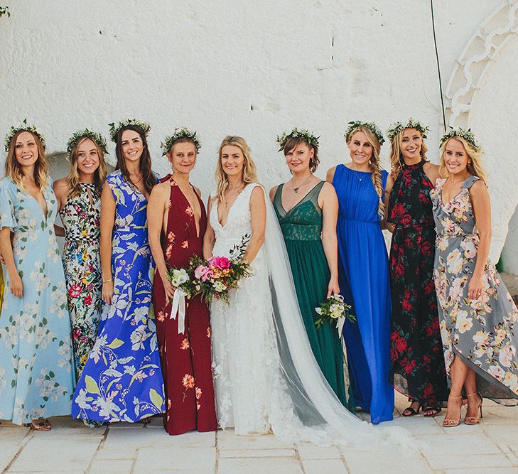 Bridal Party | Bridesmaids in Different Brightly Coloured  Dresses | Custom Clemence Halfpenny London Bridal Gown | Brightly Coloured Destination Wedding at Masseria Potenti Wedding Venue, Puglia, South Italy | Petar Jurica Photography | Marco Odorino Film