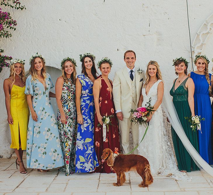 Bridal Party | Bridesmaids in Different Brightly Coloured  Dresses | Custom Clemence Halfpenny London Bridal Gown | Brightly Coloured Destination Wedding at Masseria Potenti Wedding Venue, Puglia, South Italy | Petar Jurica Photography | Marco Odorino Film