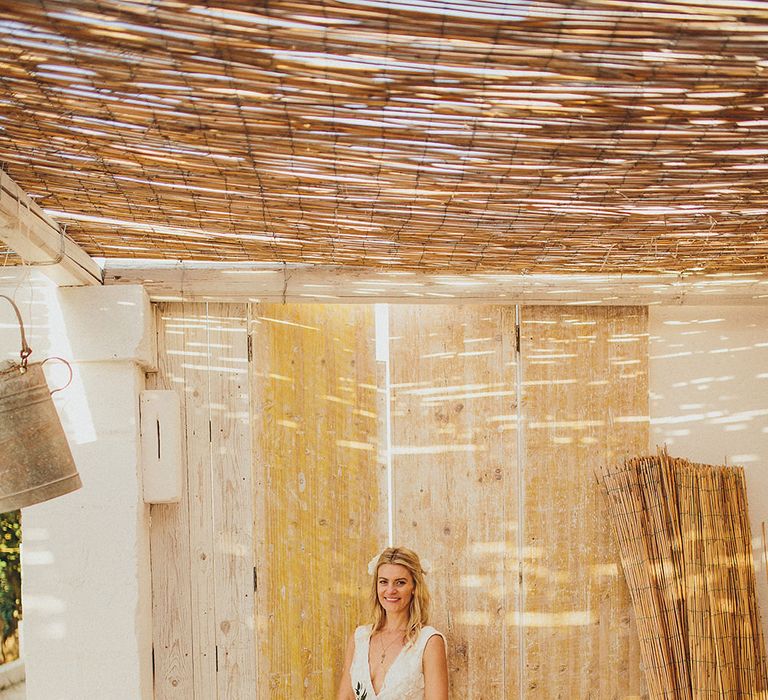 Bride in Custom Clemence Halfpenny London Bridal Gown | Brightly Coloured Destination Wedding at Masseria Potenti Wedding Venue, Puglia, South Italy | Petar Jurica Photography | Marco Odorino Film