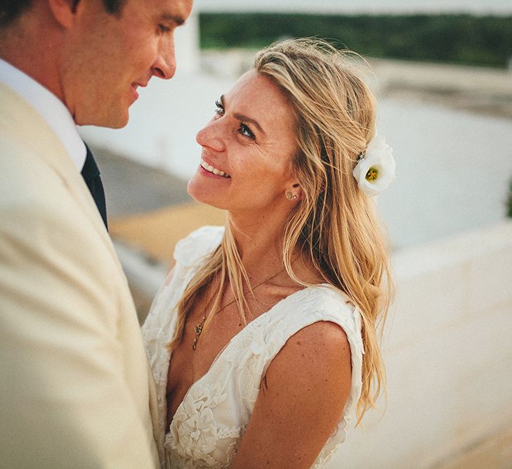 Bride in Custom Clemence Halfpenny London Bridal Gown | Groom in Cream Three Piece Suit | Brightly Coloured Destination Wedding at Masseria Potenti Wedding Venue, Puglia, South Italy | Petar Jurica Photography | Marco Odorino Film