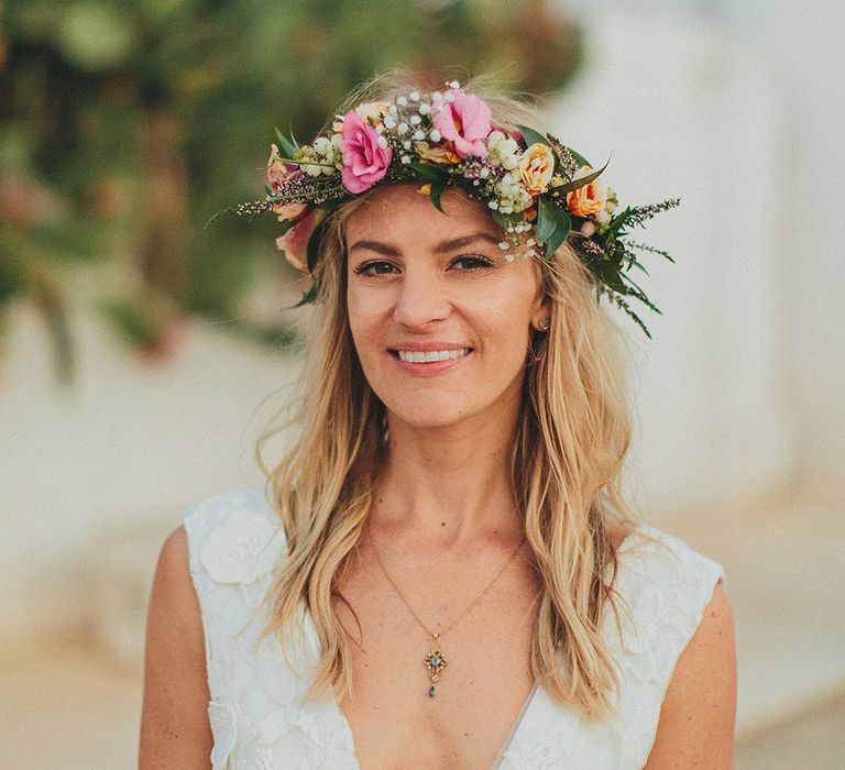 Brightly Coloured Flower Crown | Bride in Custom Clemence Halfpenny London Bridal Gown | Brightly Coloured Destination Wedding at Masseria Potenti Wedding Venue, Puglia, South Italy | Petar Jurica Photography | Marco Odorino Film