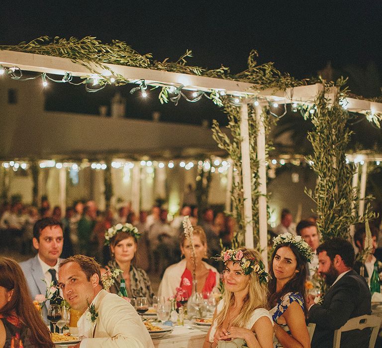 Outdoor Wedding Reception with Fairy Lights | Brightly Coloured Destination Wedding at Masseria Potenti Wedding Venue, Puglia, South Italy | Petar Jurica Photography | Marco Odorino Film