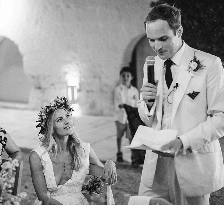 Outdoor Wedding Reception Speeches | Brightly Coloured Destination Wedding at Masseria Potenti Wedding Venue, Puglia, South Italy | Petar Jurica Photography | Marco Odorino Film