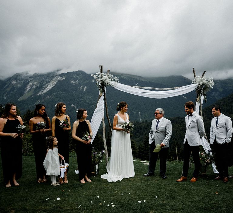 French Alps Wedding Ceremony with Bride in Mariées Passion Wedding Dress and Groom in Grey Blazer