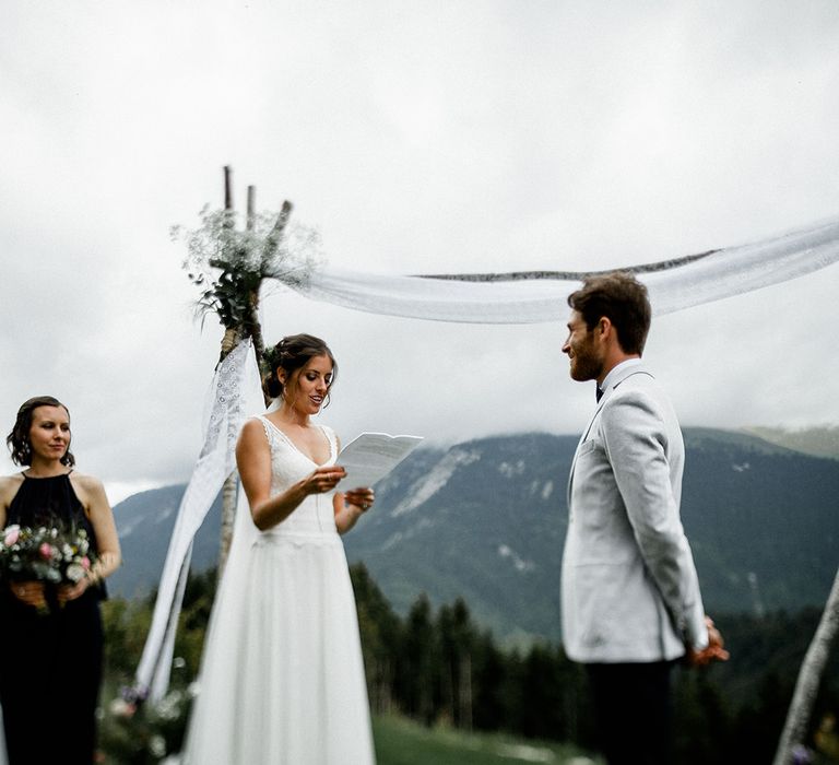 Bride and Groom Saying Their Vows at a French Alps Wedding Ceremony