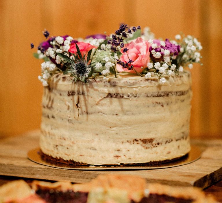 Single Tier Naked Wedding Cake with Flowers on Top