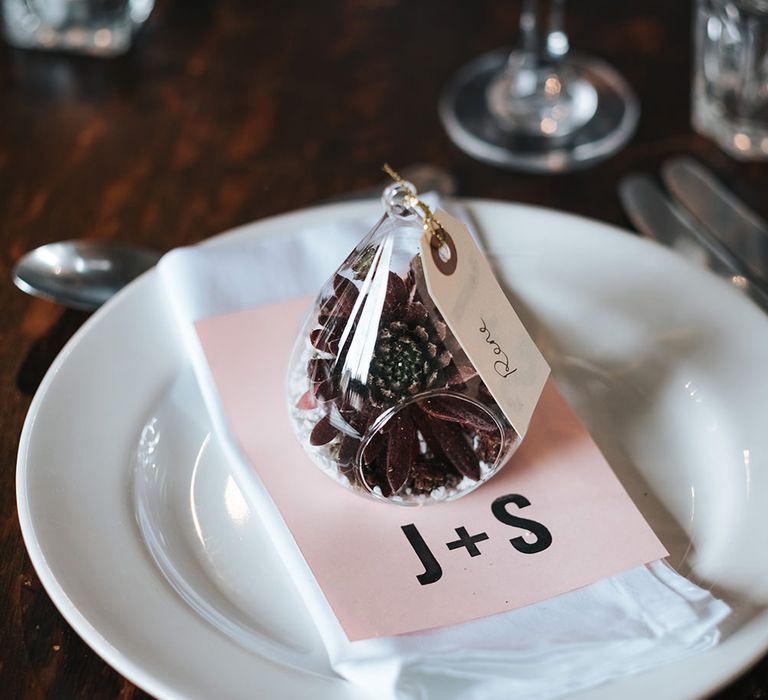 Terranium Place Setting | Victoria Stakes Pub Wedding Reception | High Street Wedding Dress for an Intimate Crouch End Pub Wedding with Bright Flowers | Miss Gen Photography