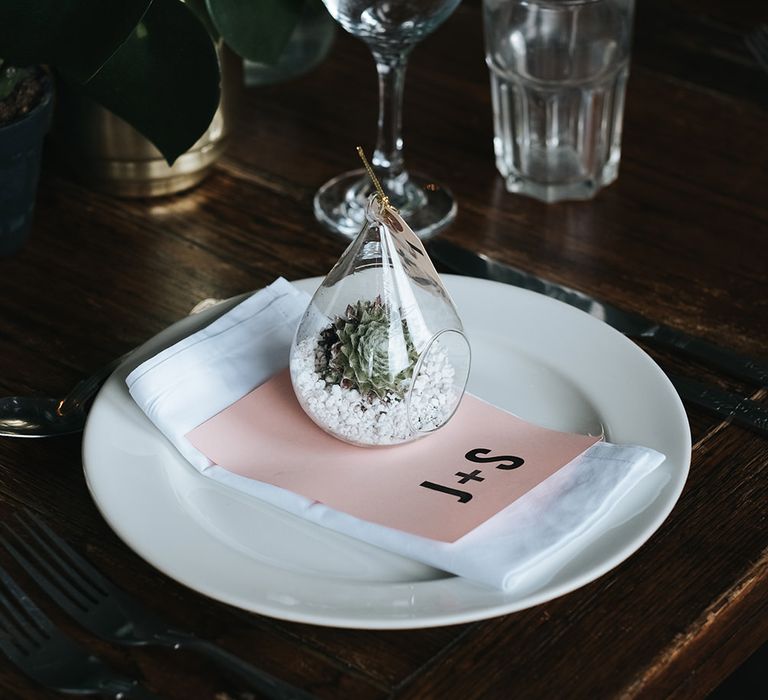 Terranium Place Setting | Pot Plant in Gold Vase | Victoria Stakes Pub Wedding Reception | High Street Wedding Dress for an Intimate Crouch End Pub Wedding with Bright Flowers | Miss Gen Photography