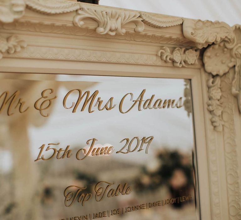 Mirrored Wedding Signs In Marquee With Floral Backdrop