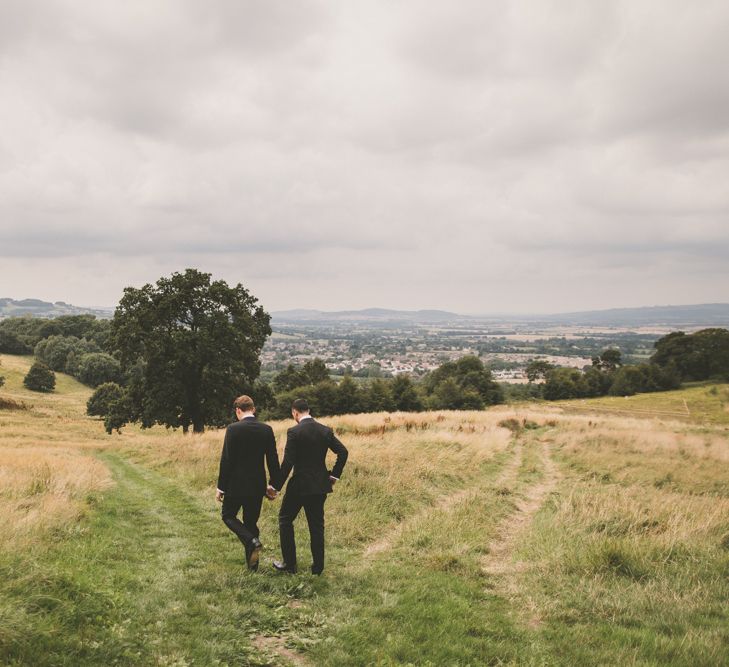 Same Sex Grooms Portrait in Black Tie Suits at Worcestershire Wedding Venue