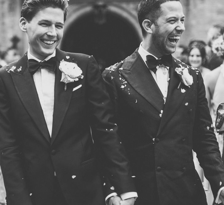 Black and White Portrait of Grooms in Tuxedos