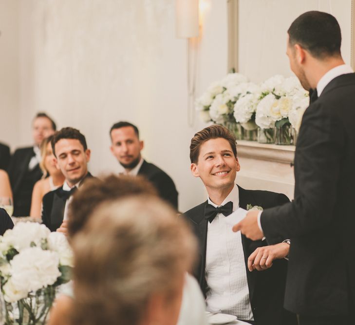 Groom in Tuxedo Giving a Wedding Speech During Wedding Reception at Worcestershire Wedding Venue