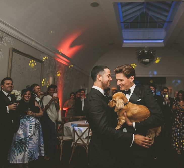 First Dance with Two Grooms in Tuxedos and Their Pet Dachshund