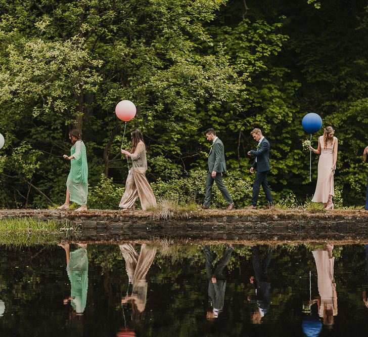 Wedding Party With Balloons / Foliage And Plant Filled Industrial Wedding At Gibson Mill And The Arches Dean Clough Yorkshire With Images From Lianne Gray Photography