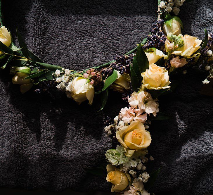 Flower Crown of White Roses, Lavender and Gypsophila for Bridesmaids | Lace KatyaKatya Dress for Tipi Wedding at Fforest Farm | Claudia Rose Carter Photography