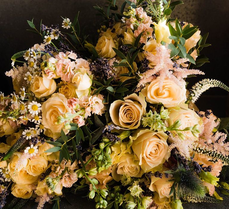 Bridesmaids Bouquets of Mixed Wild Flowers with Daisys, Lavender and White Roses | Lace KatyaKatya Dress for Tipi Wedding at Fforest Farm | Claudia Rose Carter Photography