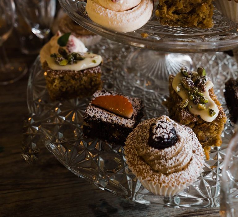 Wedding Reception Afternoon Tea Party | Selection of Cakes on Stand | Lace KatyaKatya Dress for Tipi Wedding at Fforest Farm | Claudia Rose Carter Photography