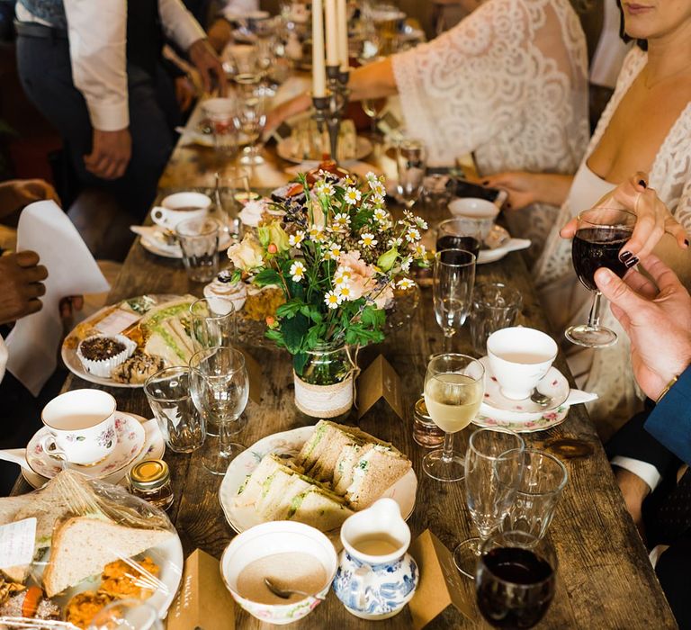 Afternoon Tea Party | Wild Flowers in Jam Jars | Lace KatyaKatya Dress for Tipi Wedding at Fforest Farm | Claudia Rose Carter Photography