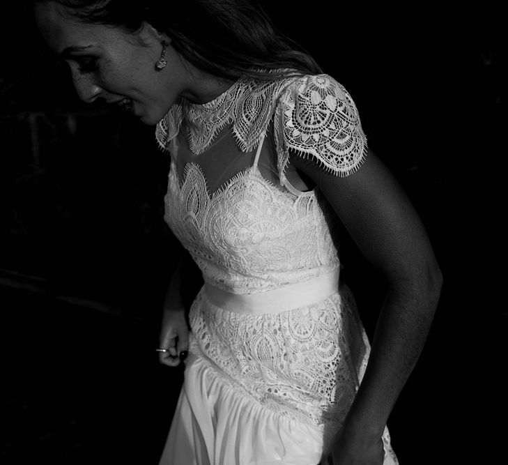 Bride in Laced KatyaKatya Wedding Dress with Cap Sleeves and Ribbon Belt | Lace KatyaKatya Dress for Tipi Wedding at Fforest Farm | Claudia Rose Carter Photography