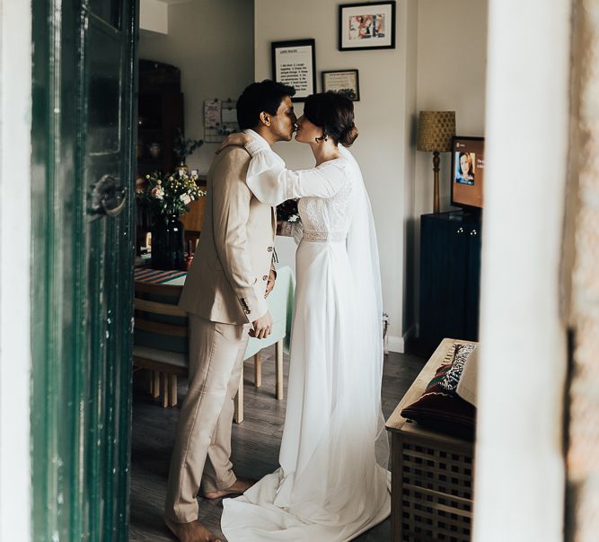 Bride and groom on wedding morning together