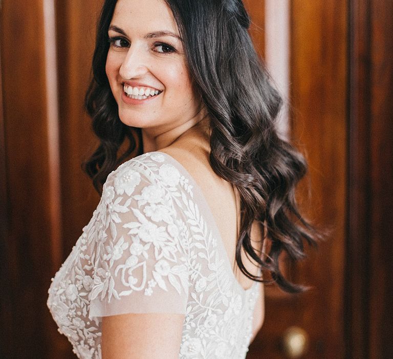 Wedding Morning Preparations at The Ned | Bride in Hermione de Paula Wedding Gown with Short Sleeves and Personalised Embroidery | Stunning Syon Park Wedding with Quill Stationery Suite | Nancy Ebert Photography