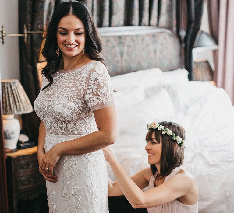 Wedding Morning Preparations at The Ned | Bride in Hermione de Paula Wedding Gown with Short Sleeves and Personalised Embroidery | Bridesmaid in Blush Pink Dress by Adrianna Papell | Stunning Syon Park Wedding with Quill Stationery Suite | Nancy Ebert Photography