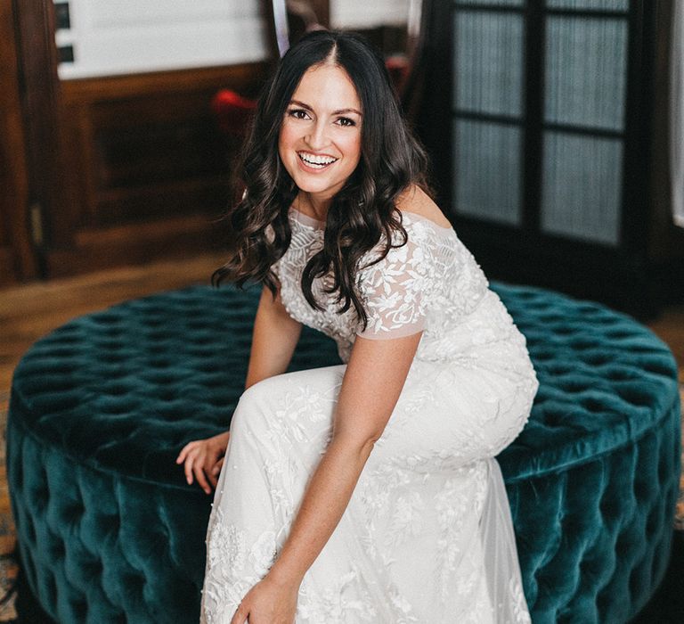 Wedding Morning Preparations at The Ned | Bride in Hermione de Paula Wedding Gown with Short Sleeves and Personalised Embroidery | Grey Satin Manolo Blahnik Mules with Crystal Embellishment | Stunning Syon Park Wedding with Quill Stationery Suite | Nancy Ebert Photography