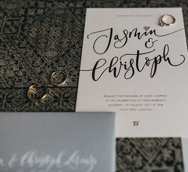 Quill London Invitation Set | Diamond Engagement Ring with Gold Band | Gold Wedding Bands | Stunning Syon Park Wedding with Quill Stationery Suite | Nancy Ebert Photography