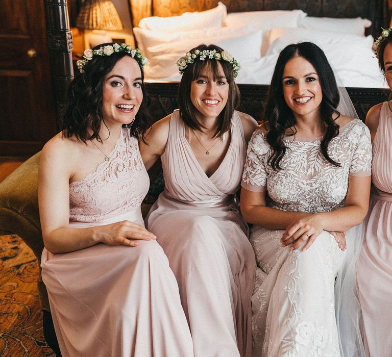 Wedding Morning Preparations at The Ned | Bride in Hermione de Paula Wedding Gown with Short Sleeves and Personalised Embroidery | Bridesmaids in Blush Pink Dresses by Adrianna Papell | Bridesmaid in Blush Pink Jenny Packham for Debenhams Dress | Flower Crowns | Stunning Syon Park Wedding with Quill Stationery Suite | Nancy Ebert Photography