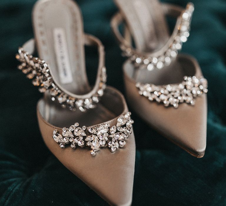 Manolo Blahnik Grey Satin Mules with Crystal Embellishment | Stunning Syon Park Wedding with Quill Stationery Suite | Nancy Ebert Photography