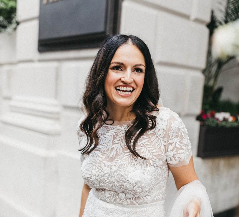 Bride in Hermione de Paula Wedding Gown with Short Sleeves and Personalised Embroidery | Cathedral Veil | Stunning Syon Park Wedding with Quill Stationery Suite | Nancy Ebert Photography