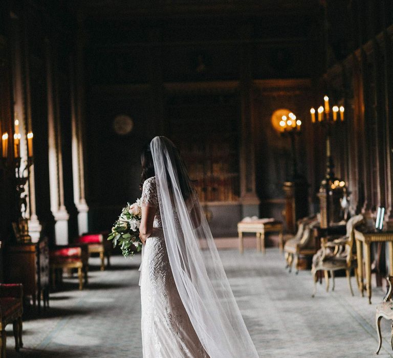 Bride in Hermione de Paula Wedding Gown with Short Sleeves and Personalised Embroidery | Cathedral Veil | Blush, Cream and Pink Bridal Bouquet | Stunning Syon Park Wedding with Quill Stationery Suite | Nancy Ebert Photography