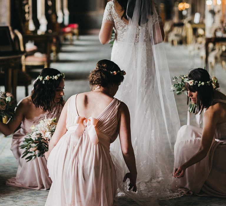 Bride in Hermione de Paula Wedding Gown with Short Sleeves and Personalised Embroidery | Cathedral Veil | Bridesmaids in Blush Pink Dresses by Adrianna Papell | Bridesmaid in Blush Pink Jenny Packham for Debenhams Dress | Flower Crowns | Blush, Cream and Pink Bouquets | Stunning Syon Park Wedding with Quill Stationery Suite | Nancy Ebert Photography