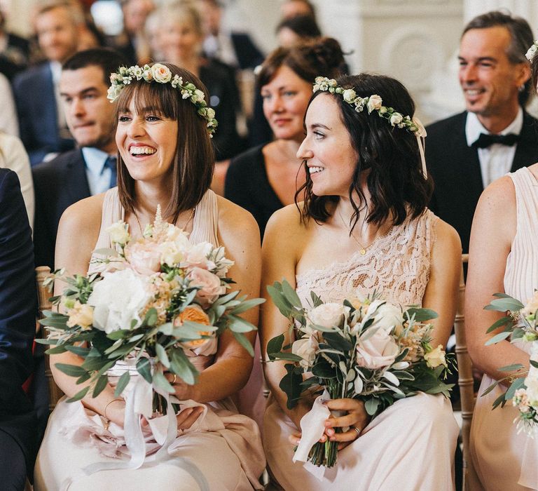 Wedding Ceremony | Bridesmaids in Blush Pink Dresses by Adrianna Papell | Bridesmaid in Blush Pink Jenny Packham for Debenhams Dress | Flower Crowns | Blush, Cream and Pink Bouquets | Stunning Syon Park Wedding with Quill Stationery Suite | Nancy Ebert Photography