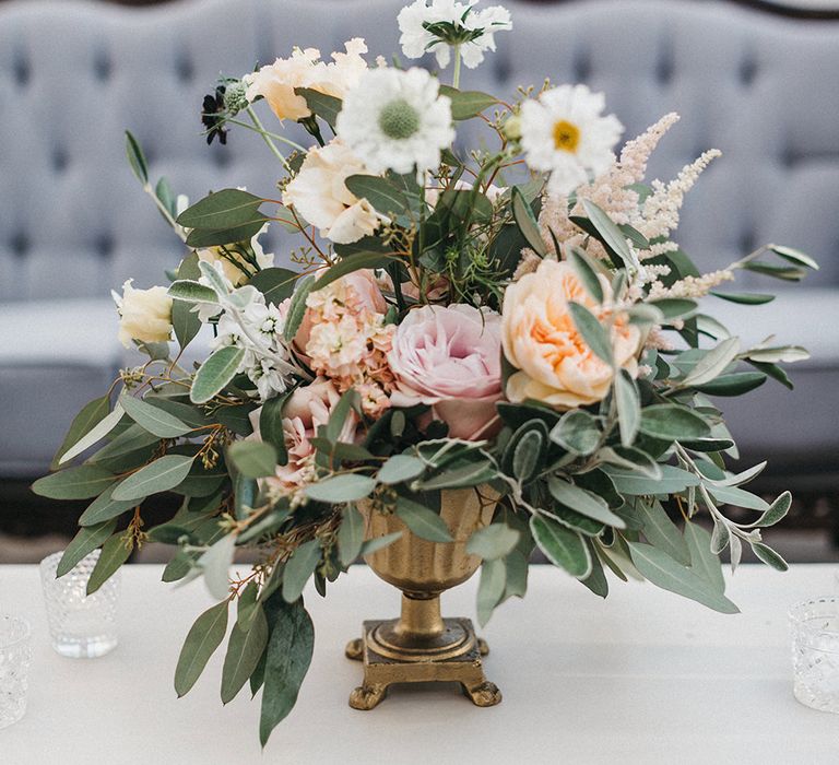 Wedding Reception Decor | Table Urn of Cafe au Lait Dahlias, David Austin Roses, Hydrangeas, Delphinium, Cosmos, Eucalyptus and Olive | Stunning Syon Park Wedding with Quill Stationery Suite | Nancy Ebert Photography