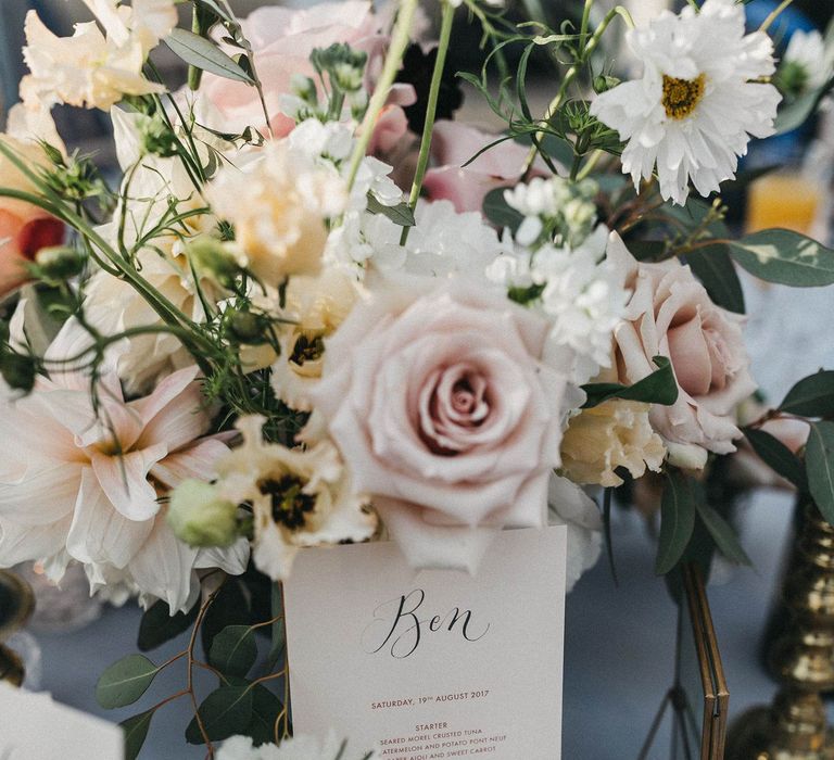 Personalised Wedding Breakfast Menu | Blush, Cream and Pink Floral Centrepiece | Grey Tablecloth | Tea Lights | Stunning Syon Park Wedding with Quill Stationery Suite | Nancy Ebert Photography