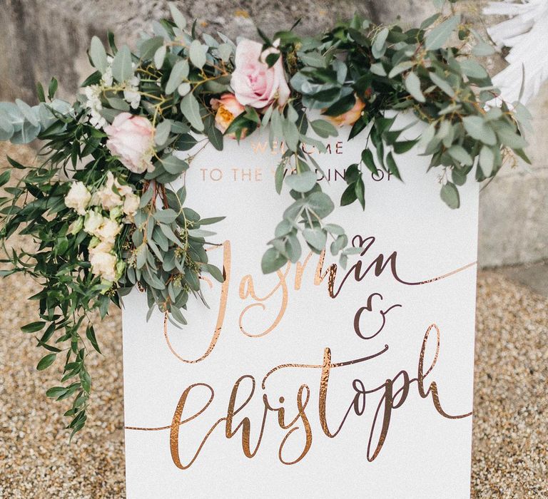 Welcome Sign by Quill London | Floral Drapery with Eucalyptus | Stunning Syon Park Wedding with Quill Stationery Suite | Nancy Ebert Photography