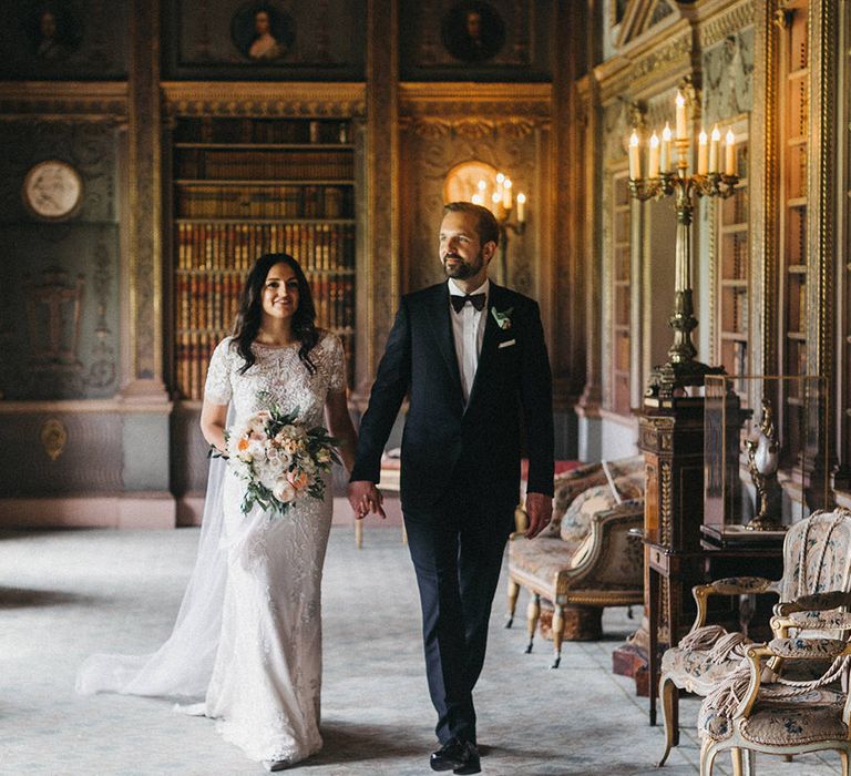 Bride in Hermione de Paula Wedding Gown with Short Sleeves and Personalised Embroidery | Cathedral Veil | Groom in Navy Lanvin Tuxedo and Black Burberry Shoes | Burgundy Bow Tie | Blush, Cream and Pink Bridal Bouquet | Stunning Syon Park Wedding with Quill Stationery Suite | Nancy Ebert Photography